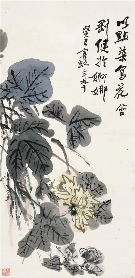 芙蓉图 黄宾虹 68.5cm×33.2cm 1953年 纸本设色 浙江省博物馆藏